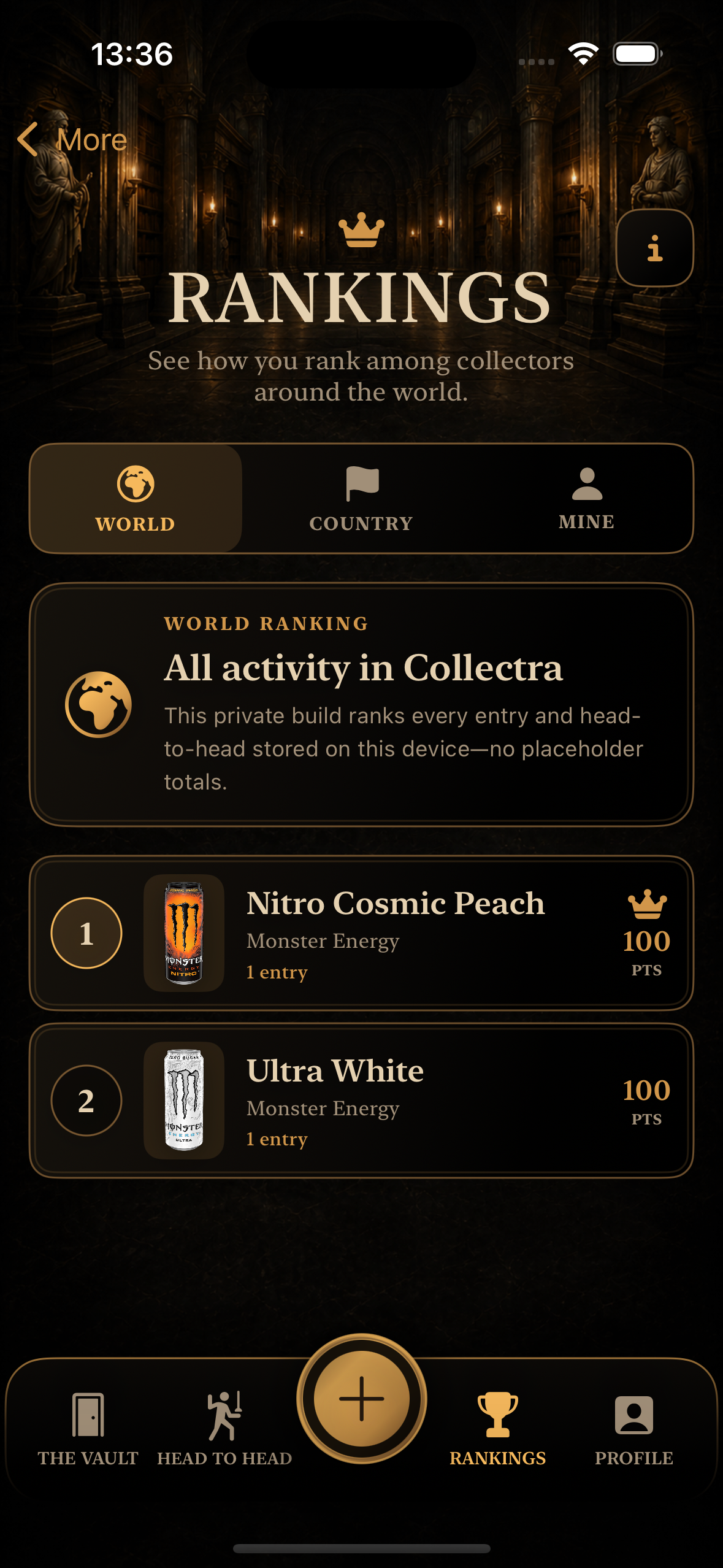 Real Collectra RANKINGS screen